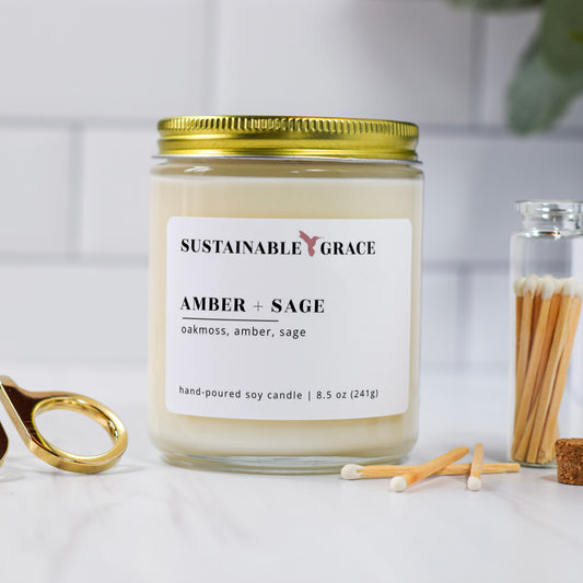amber + sage candle from sustainable grace