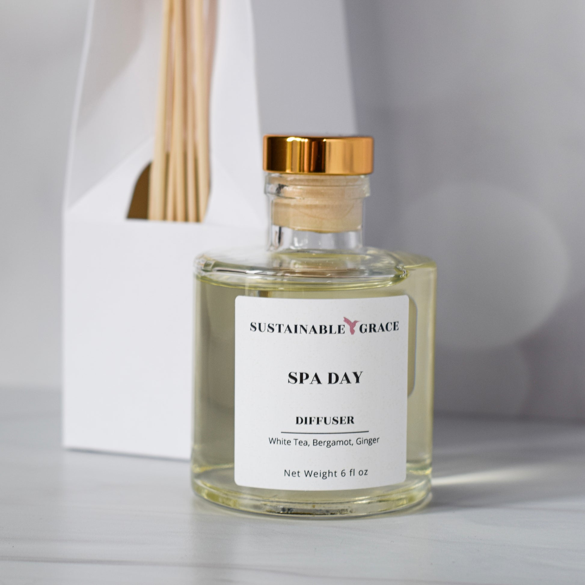 spa day reed diffuser from sustainable grace with white box 