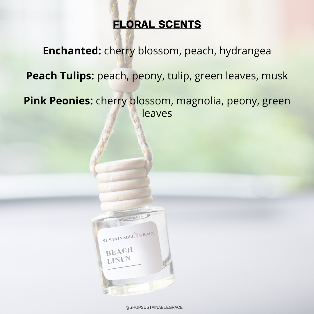 non toxic floral scents available in car air fresheners from sustainable grace