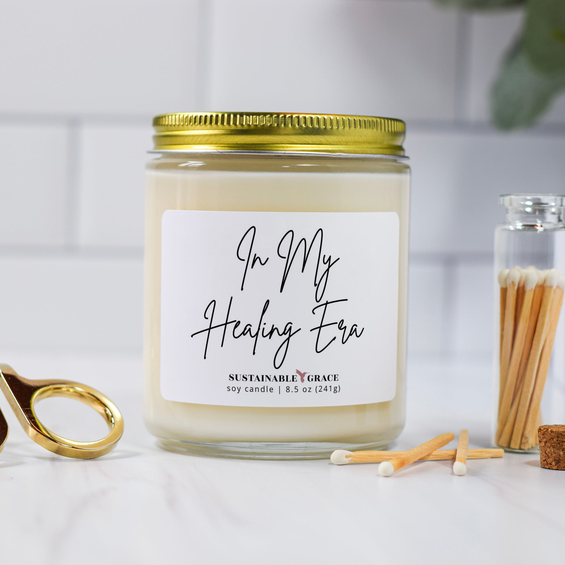 in my healing era non toxic soy candle with gold lid 