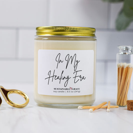 in my healing era non toxic soy candle with gold lid 