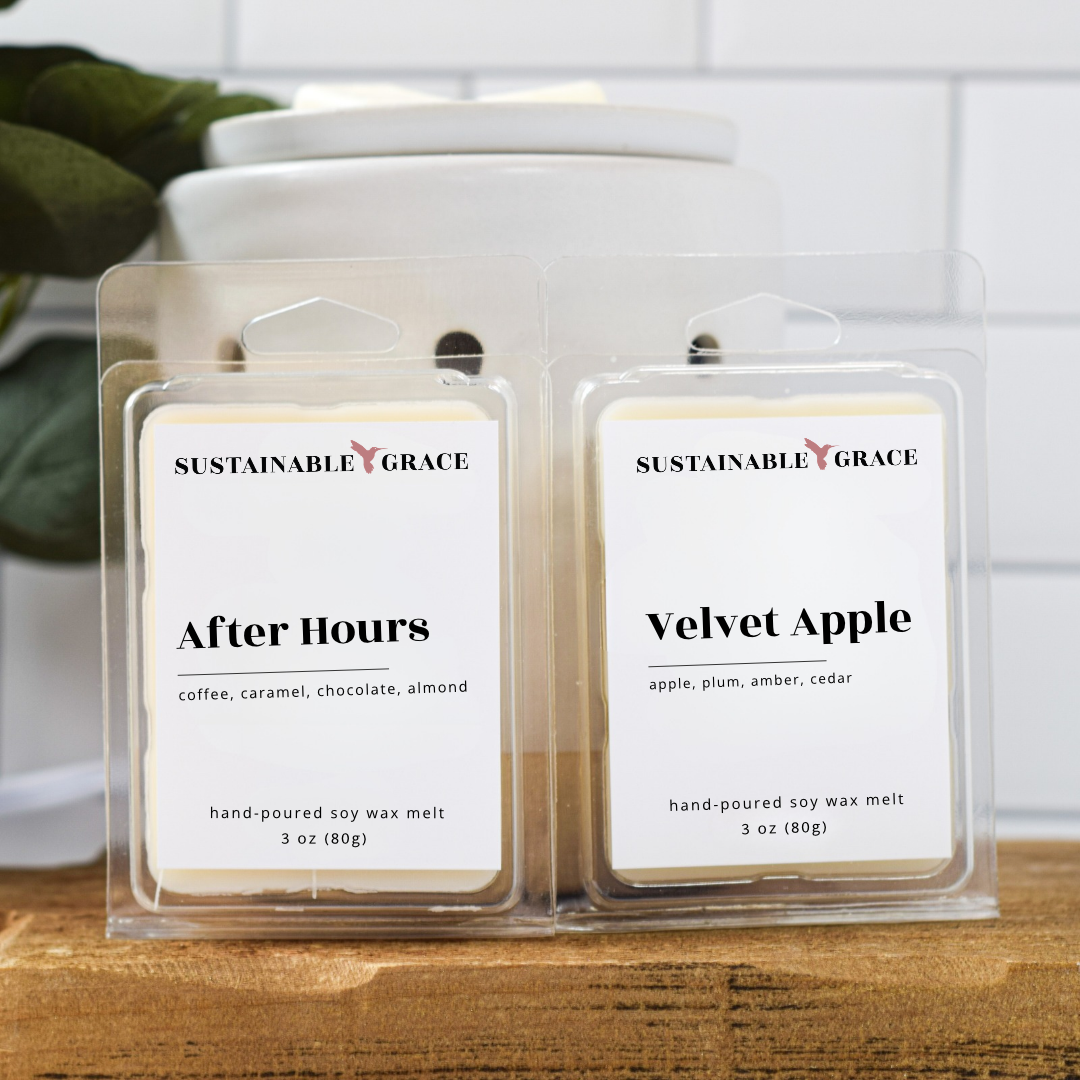after hours and velvet apple scented soy wax melts from sustainable grace