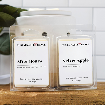 after hours and velvet apple scented soy wax melts from sustainable grace