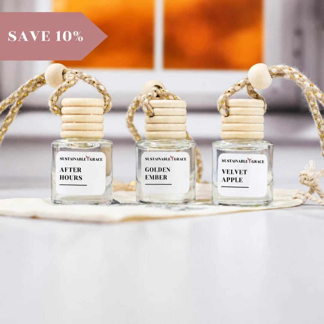 10% off fall car diffuser bundle from sustainable grace featuring after hours, golden ember and velvet apple non toxic car air fresheners