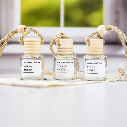 fall car diffuser bundle from sustainable grace featuring after hours, golden ember and velvet apple non toxic car air fresheners