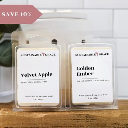 velvet apple and golden ember scented soy wax melts from sustainable grace