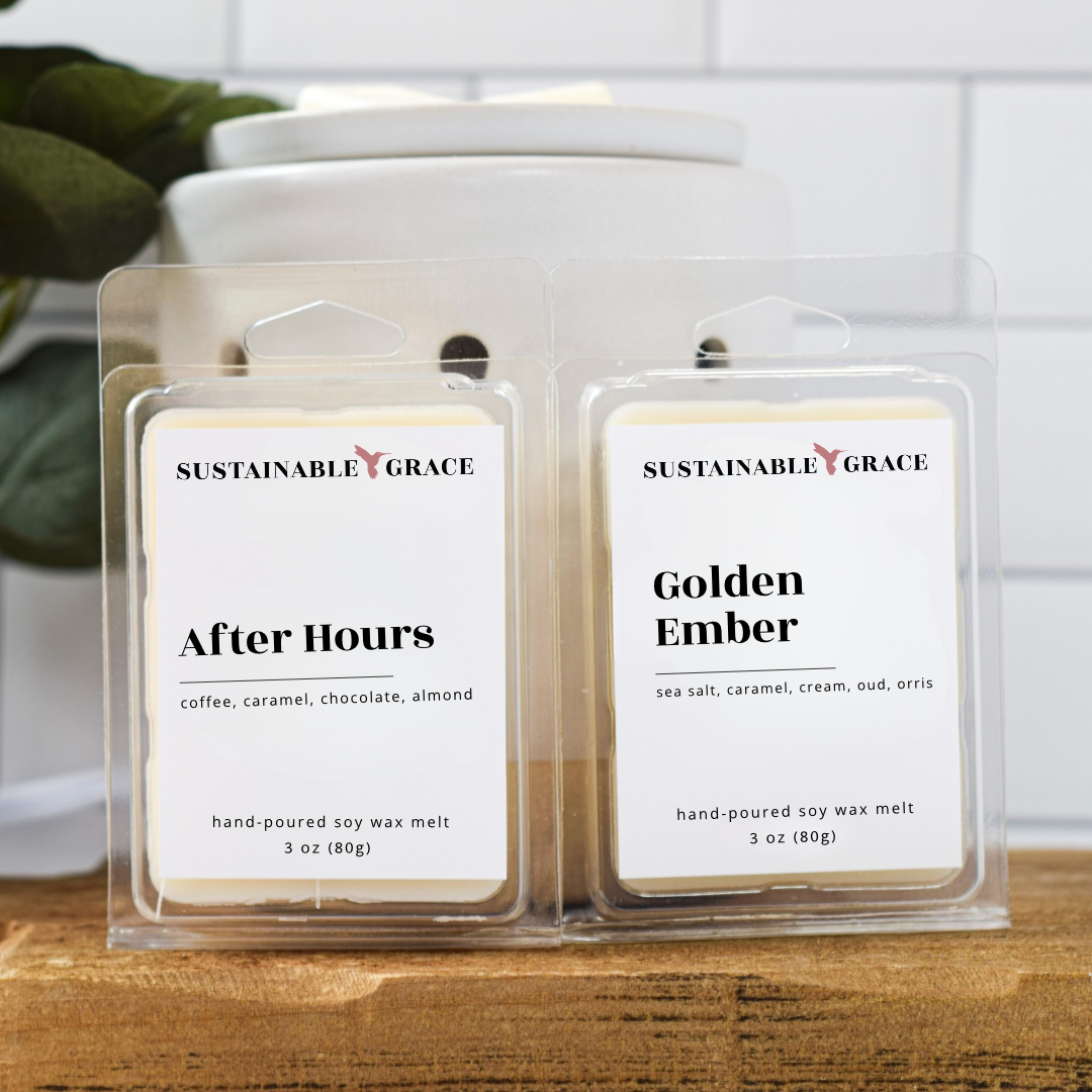 after hours and golden ember scented soy wax melts from sustainable grace