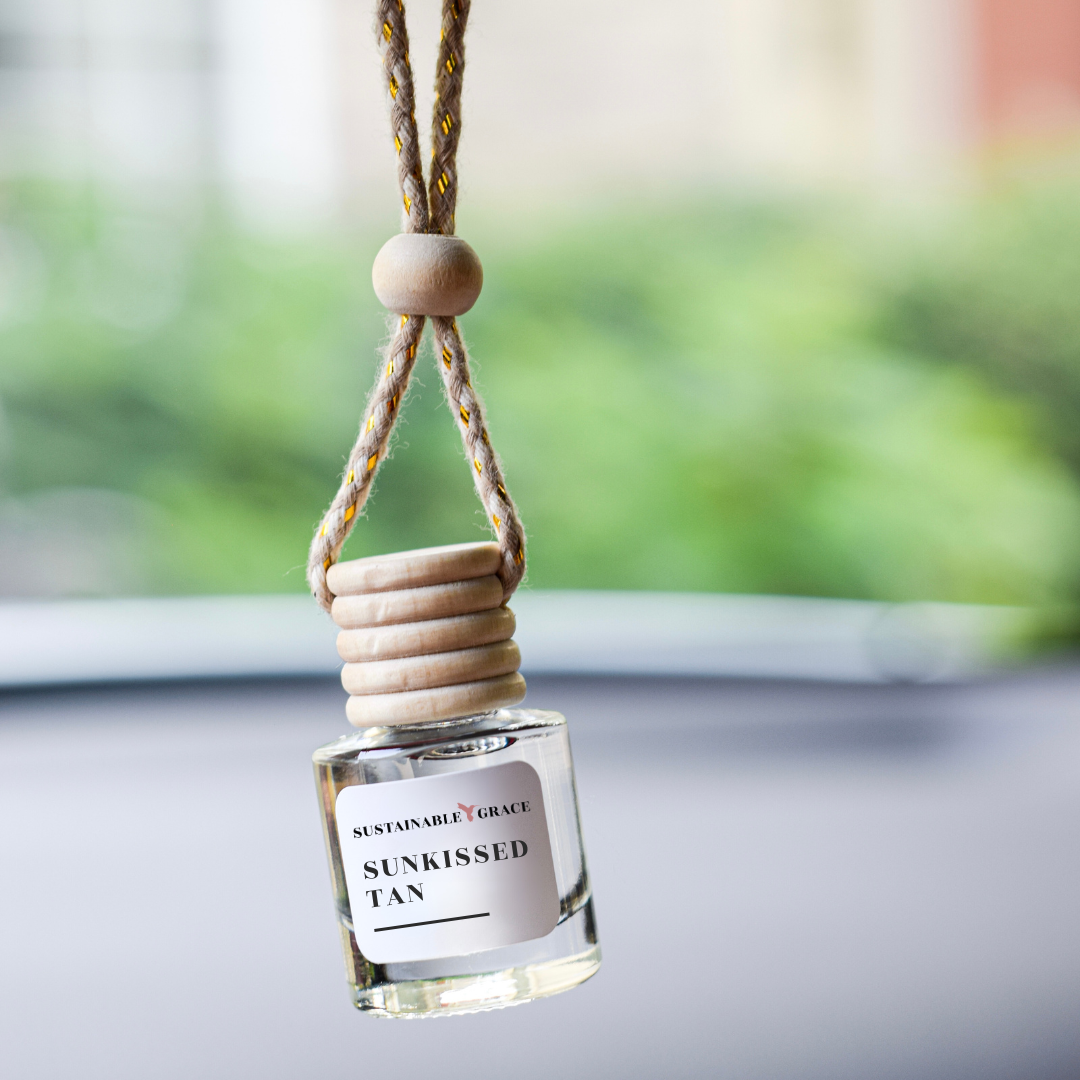 sunkissed tan non-toxic hanging car air freshener from sustainable grace